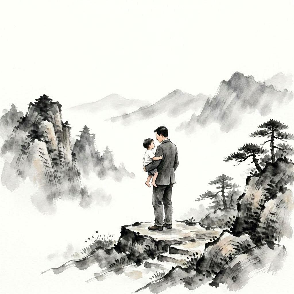 Minimalist sumi-e painting of a father carrying a child through a misty mountain landscape, elegant brushstrokes, tranquil atmosphere, profound simplicity.